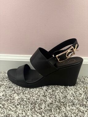 Calvin Klein Black Wedge Sandals with Gold Accent Buckle